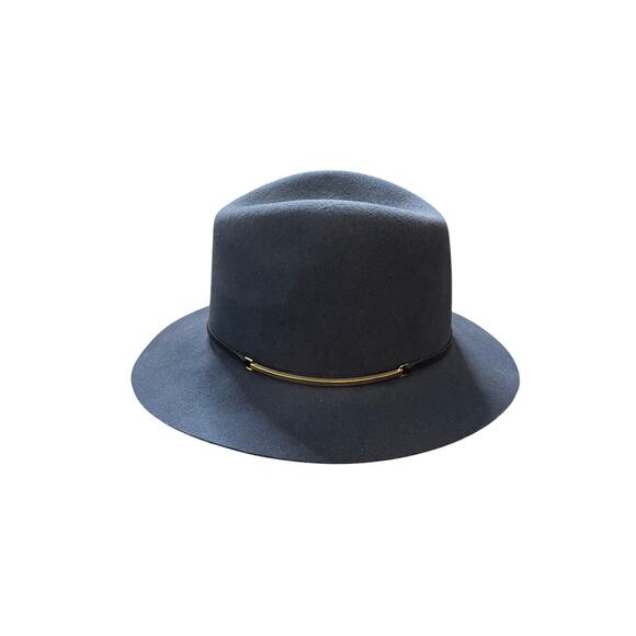 Janessa Leone Stephen Hat Navy Gold Bar Felt Fedora Wool Womans Medium - Picture 1 of 8